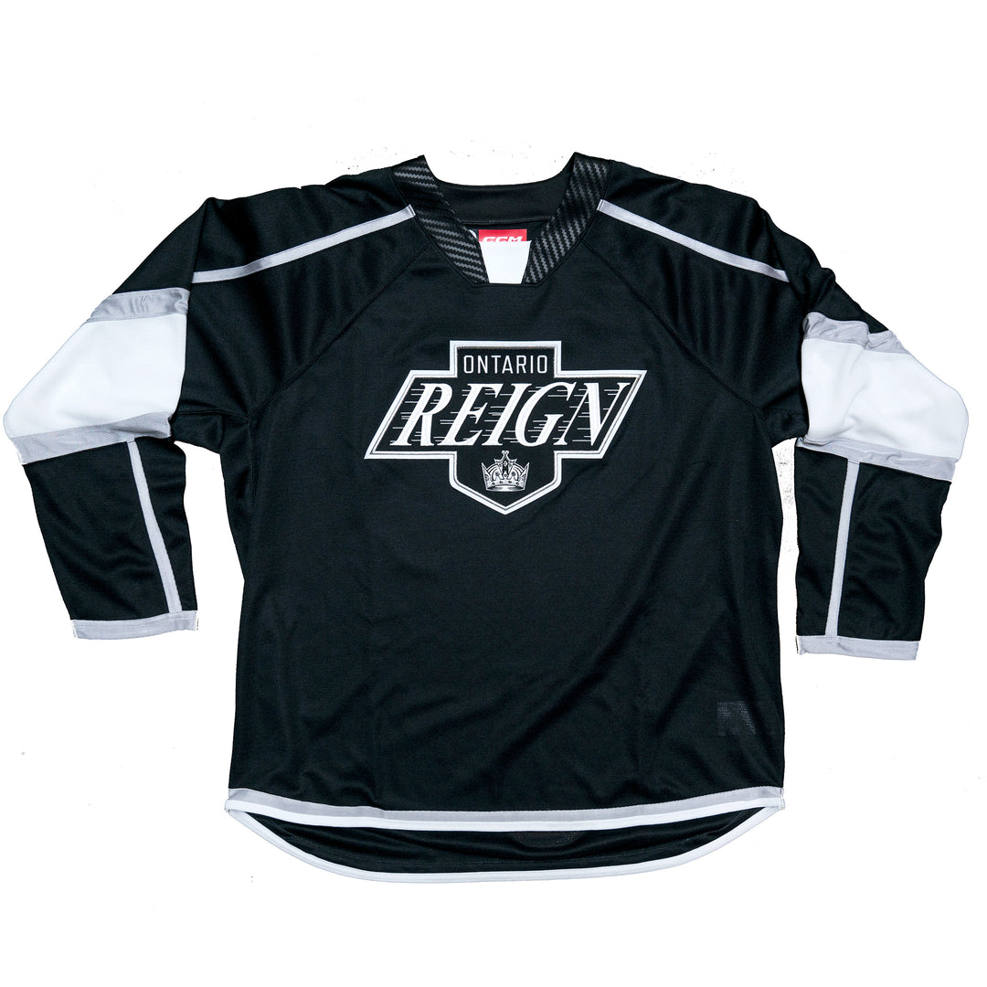 Black sports jersey with 'Ontario Reign' logo on a white background